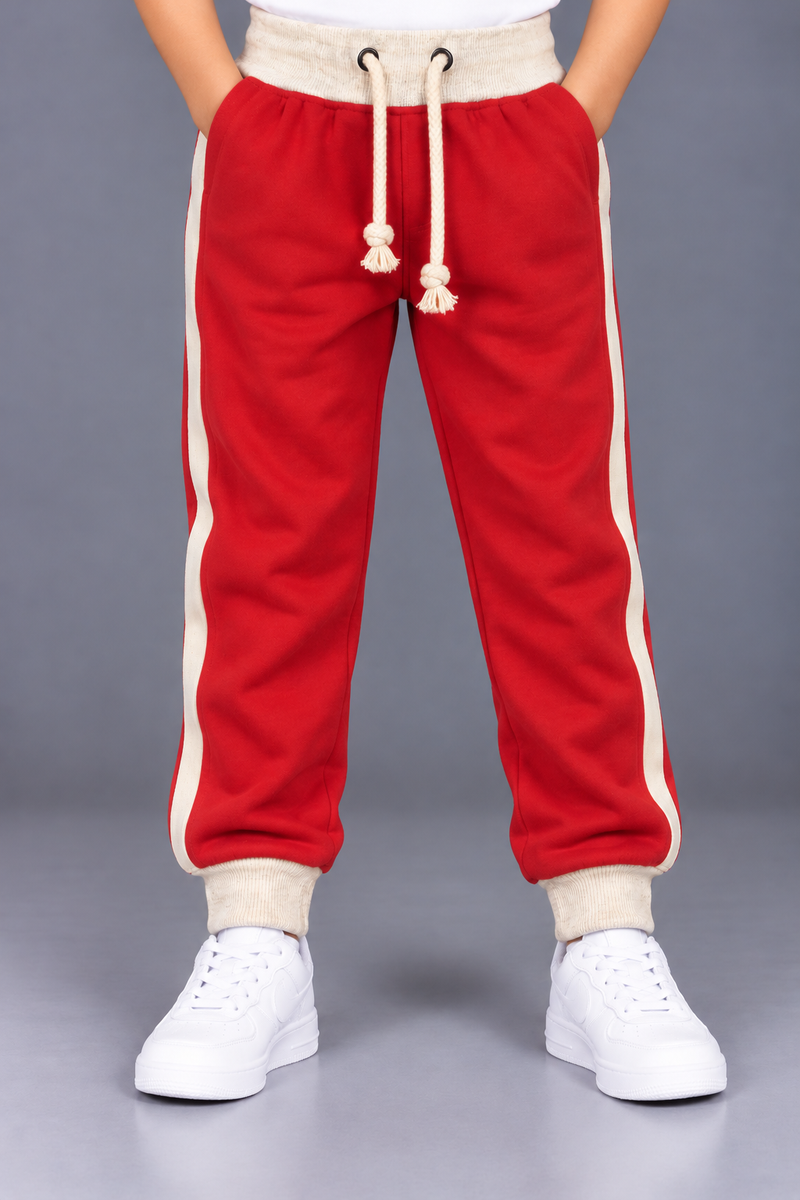 Kids’ Red Jogger Trouser with Cream Side Panels & Ribbed Cuffs – Regular Fit-MU163