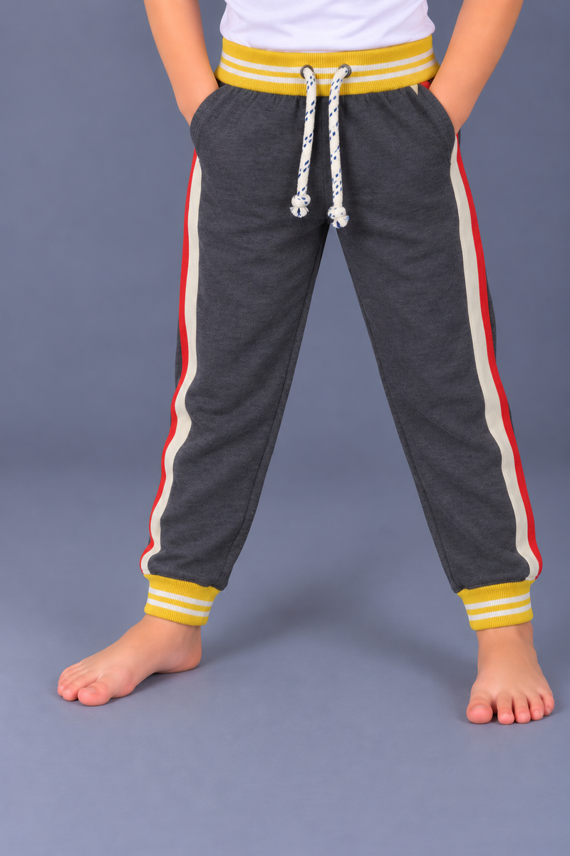 Kids Charcoal Grey Jogger Trouser with Red & Cream Side Panels – Yellow Striped Ribbed Cuffs-MU227