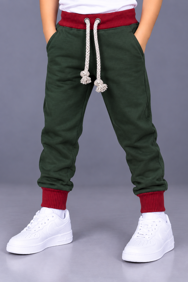 Kids’ Forest Green Jogger Trouser with Maroon Ribbed Waistband & Cuffs-MU173