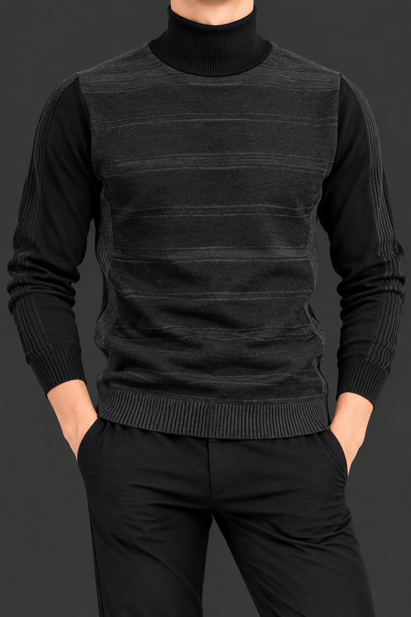 Men’s Charcoal Black Turtleneck Sweater – Textured Knit Full Sleeve Winter Pullover-MU379