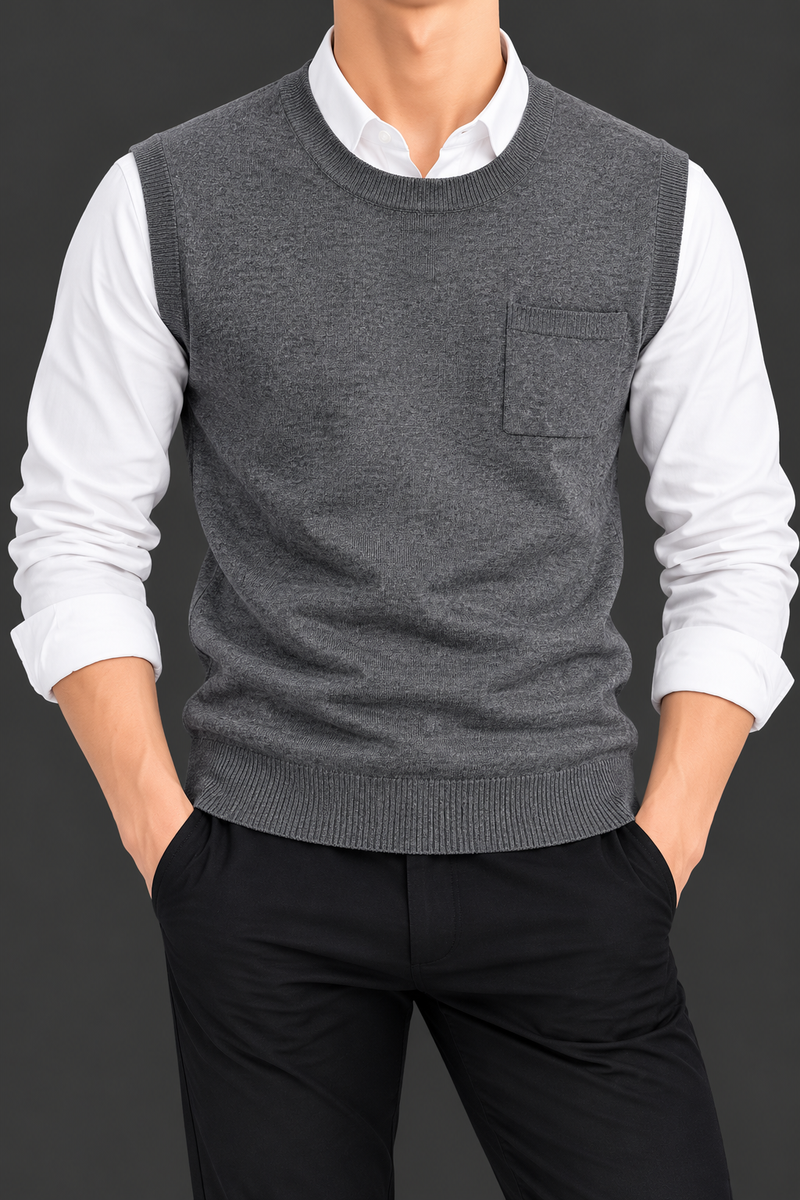 Men’s Classic Grey Sleeveless V-Neck Sweater Vest with Chest Pocket-MU377