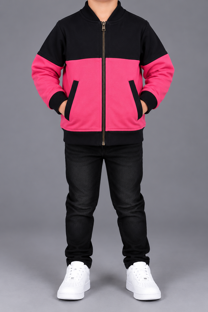 Kids Boys Pink & Black Color Block Zipper Jacket-MU431
