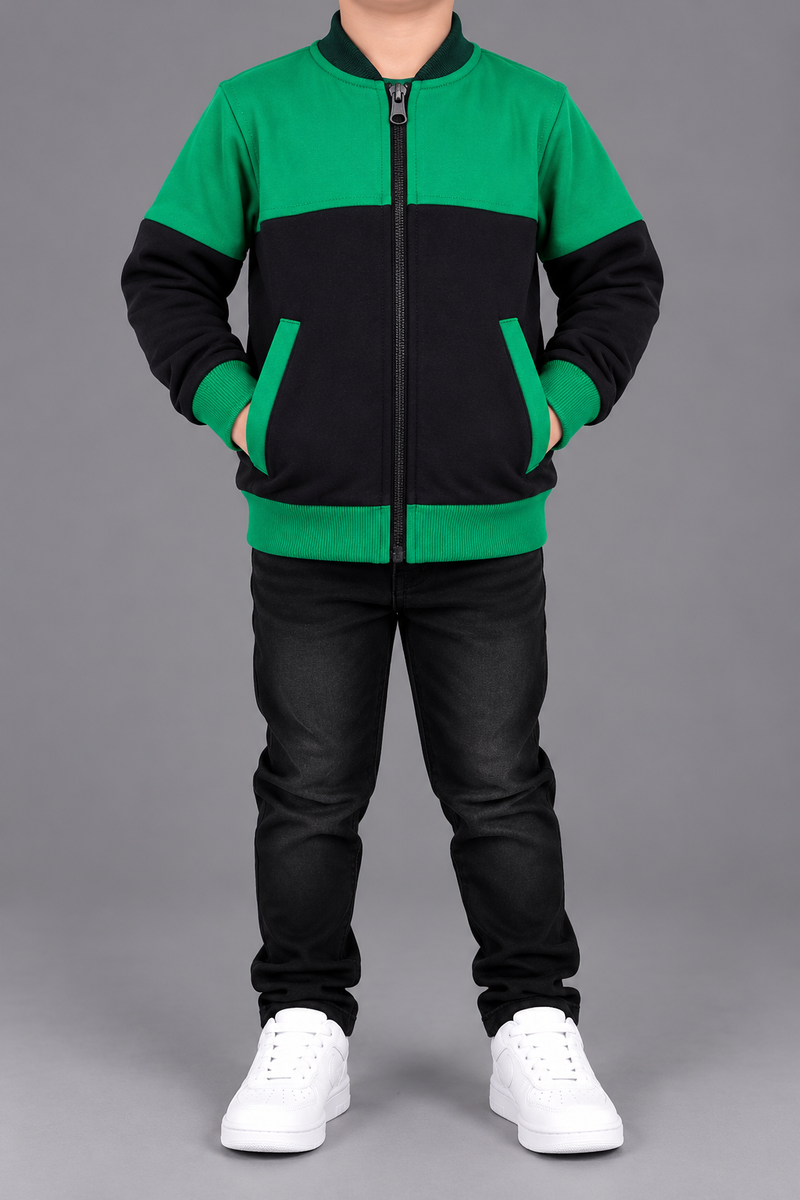Kids Boys Green & Black Color Block Zipper Jacket-MU429