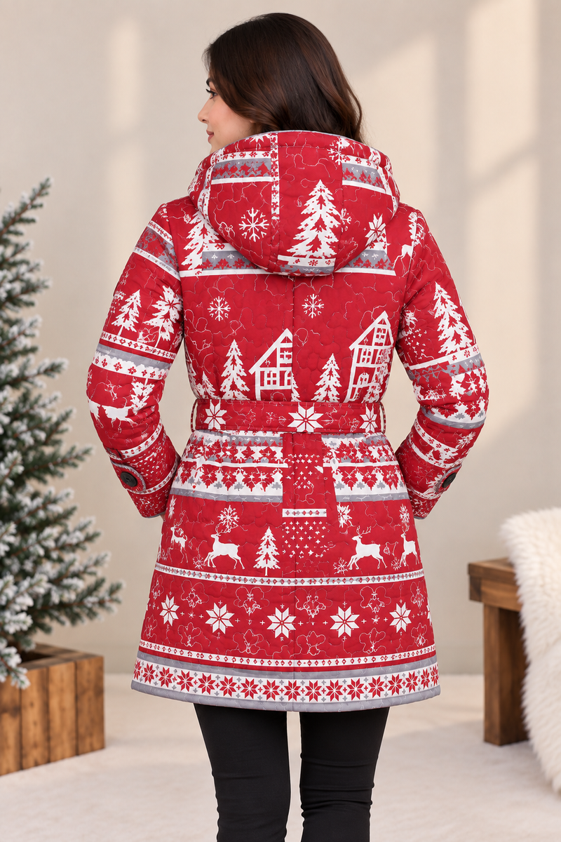 Women’s Red Printed Hooded Winter – Quilted Long Coat with Belt Wrb01