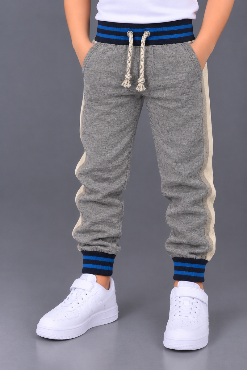 Kids Grey Fleece Jogger Trouser with Blue Striped Cuffs-MU271