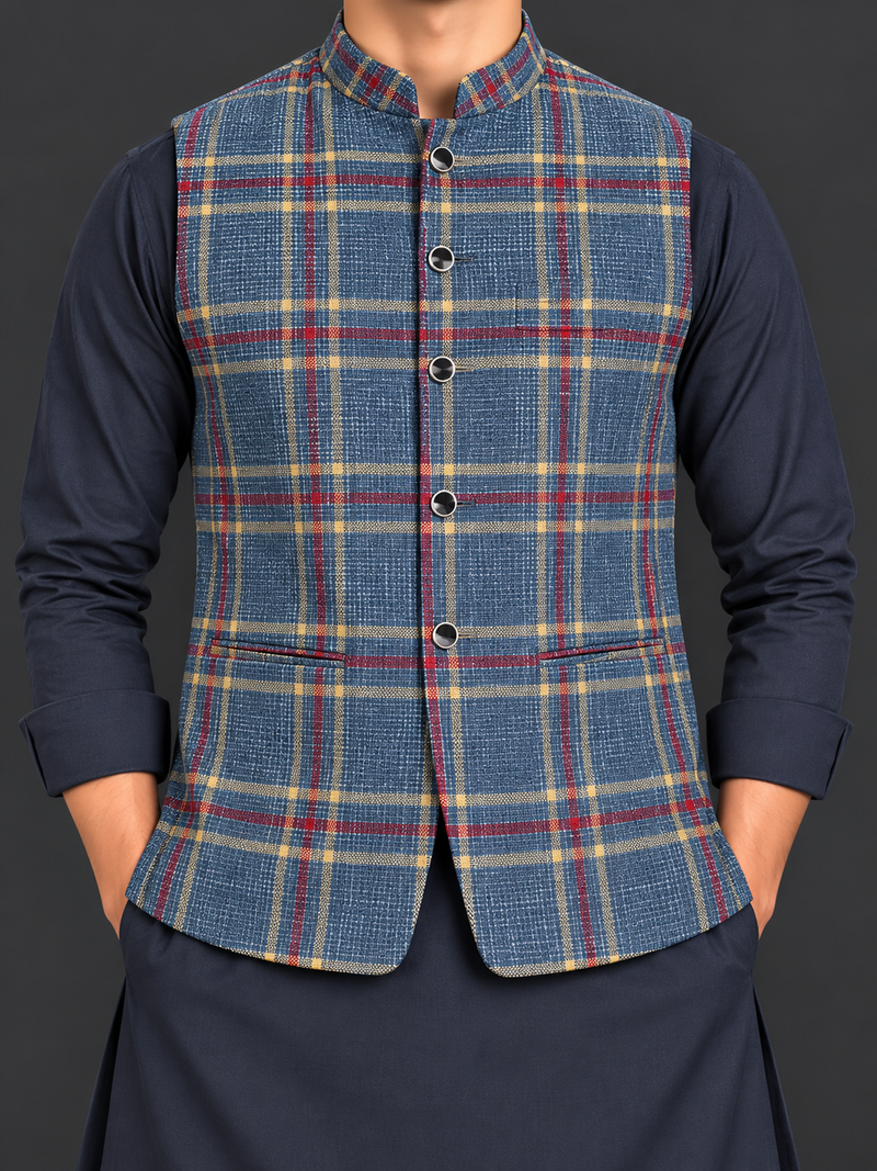 Men’s Premium Blue Checkered Waistcoat with Straight Collar – Classic Traditional Style-MU492