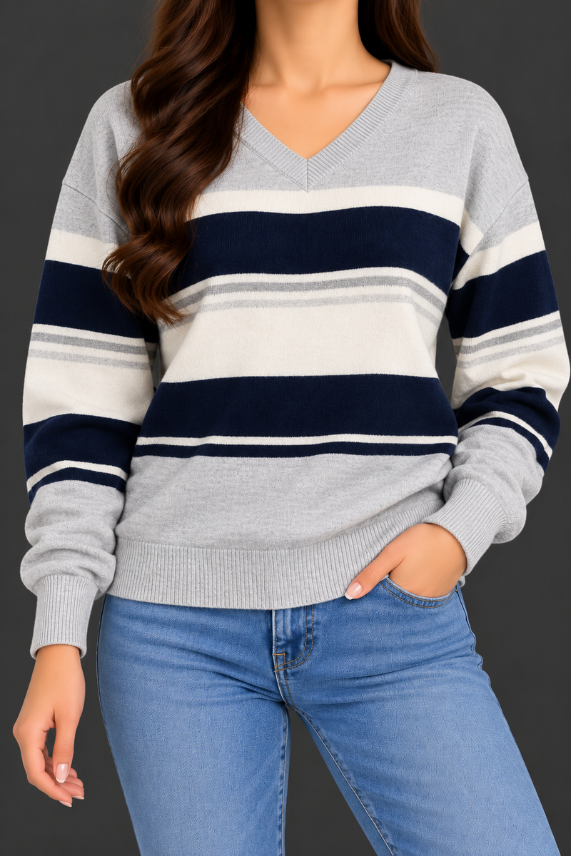 Women’s Grey, Navy & Cream Striped V-Neck Knit Sweater – Full Sleeve Casual Pullover-MU390