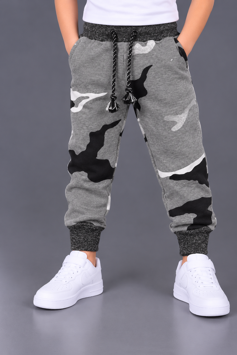 Kids Grey Camouflage Fleece Jogger Trouser with Black Ribbed Cuffs-MU283