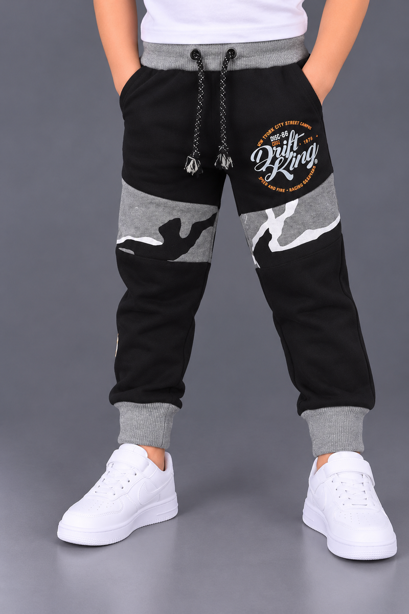 Kids Fleece Black & Grey Camouflage Print Jogger Trouser – Drift King Style-MU282