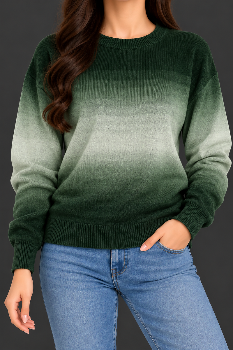 Women’s Forest Green Ombre Knit Sweater – Full Sleeve Crew Neck Pullover-MU388