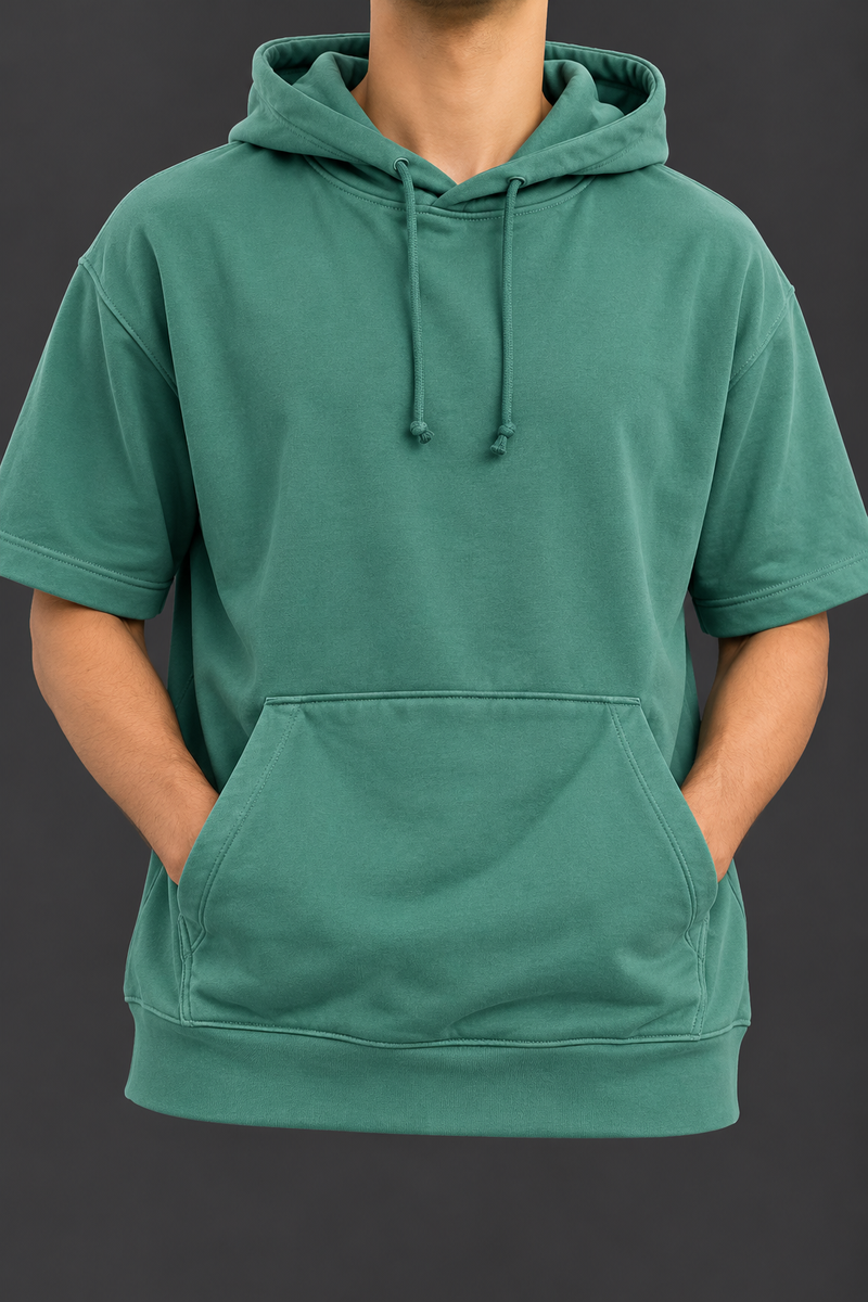 Men’s Teal Green Short Sleeve Hoodie with Kangaroo Pocket-MU453