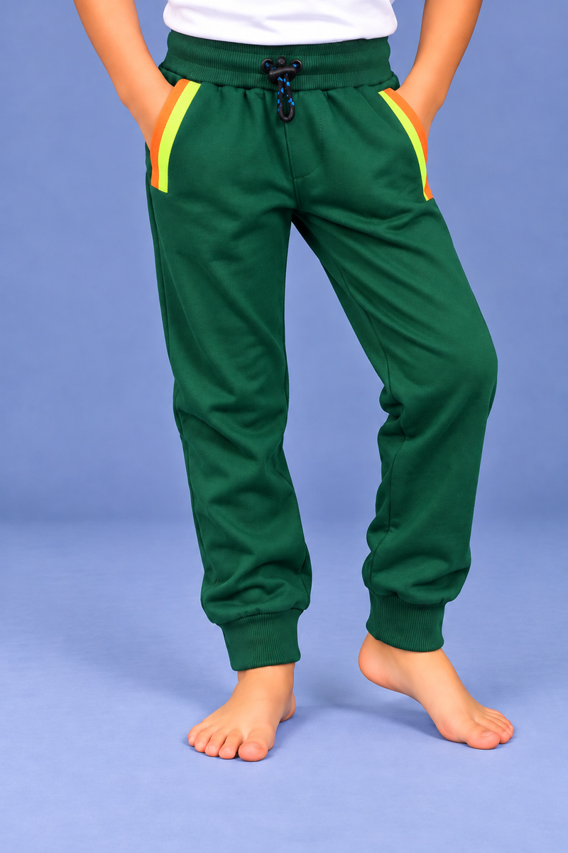 Kids Premium Forest Green Jogger Trouser with Neon Pocket Panels-MU94