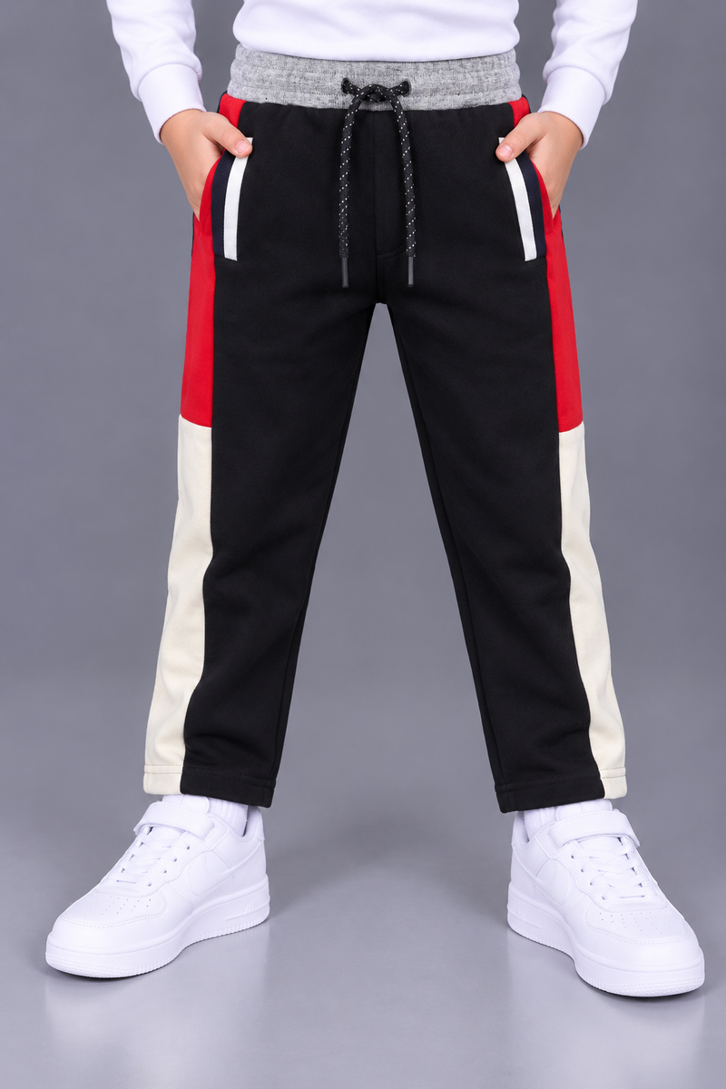 Kids’ Black Straight-Fit Trouser with Red & Cream Side Panels – Grey Waistband & White Pocket Details-MU188
