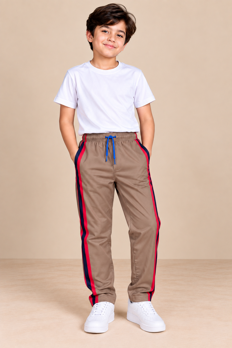 Premium Kids single jersey Trousers light chocolate with ,Side Stripe p104