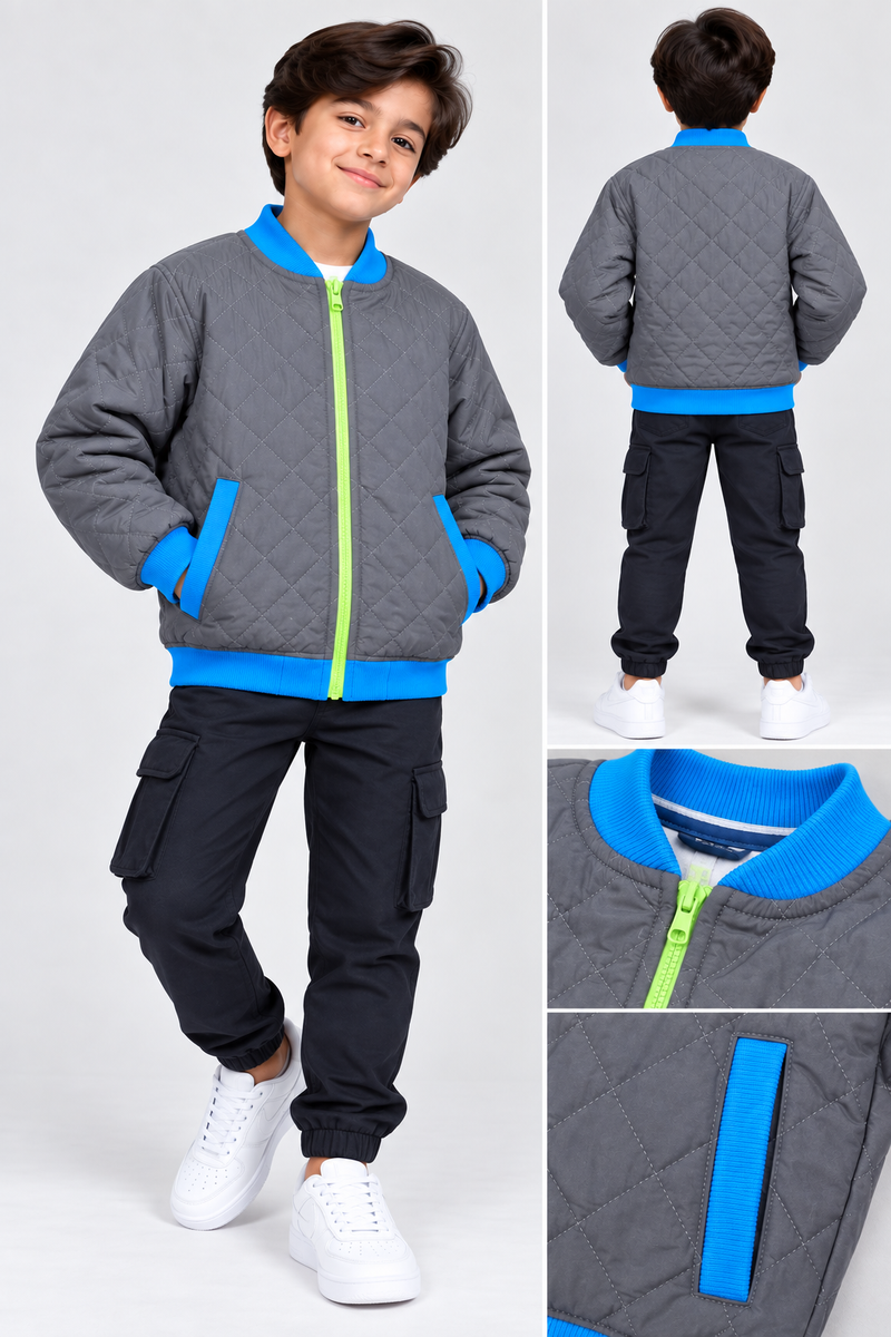 Mango Quilted Zipper Mock Neck Jacket For Kids light iron grey With ocean blue penal qw05