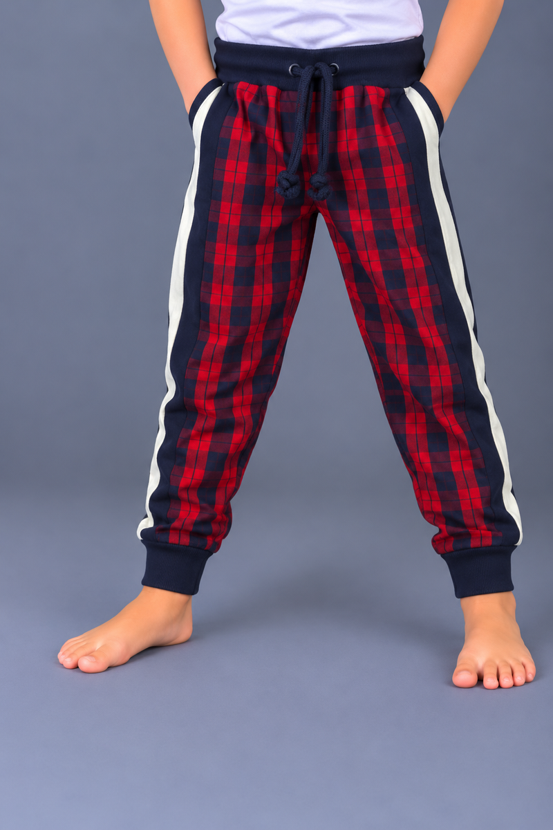 Kids Red & Navy Checkered Cotton Trouser with Side Panels-MU230