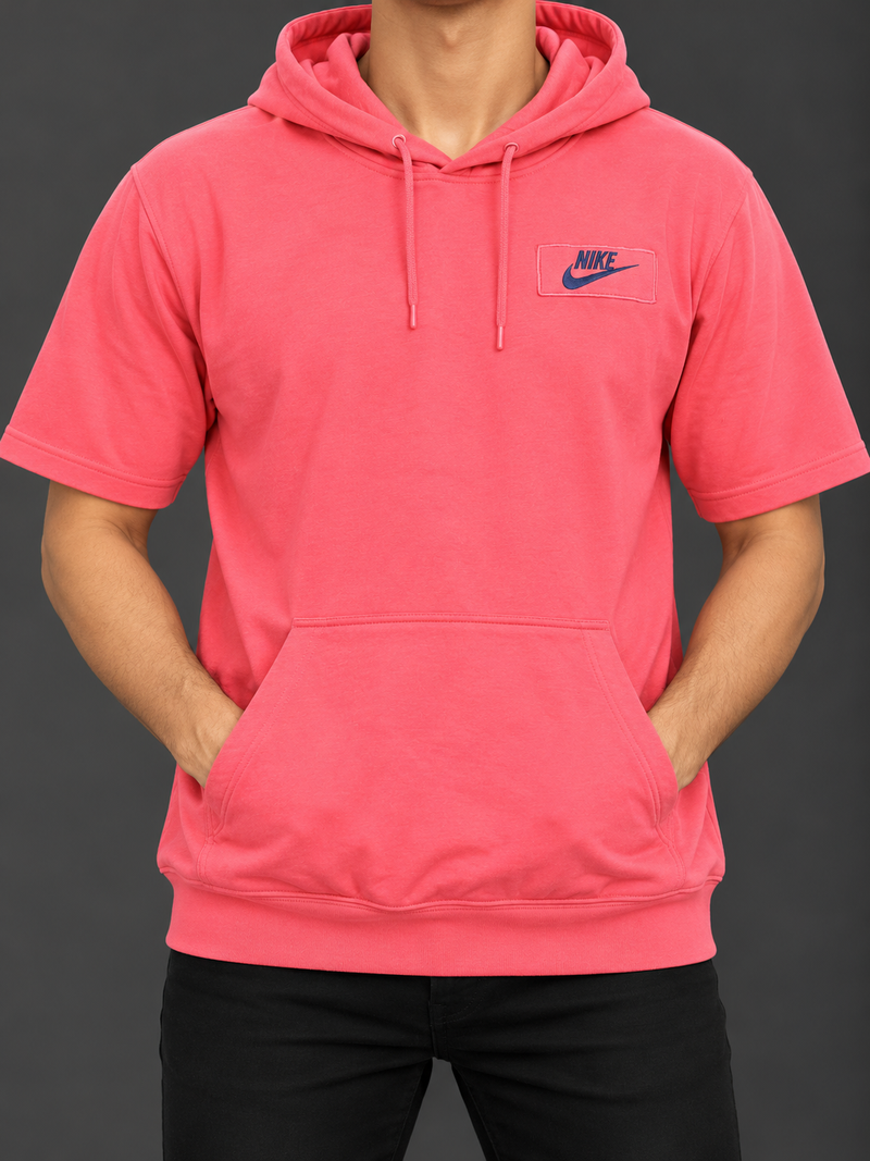 Men’s Nike Coral Pink Short Sleeve Hoodie – Kangaroo Pocket Casual Hooded T-Shirt-MU458