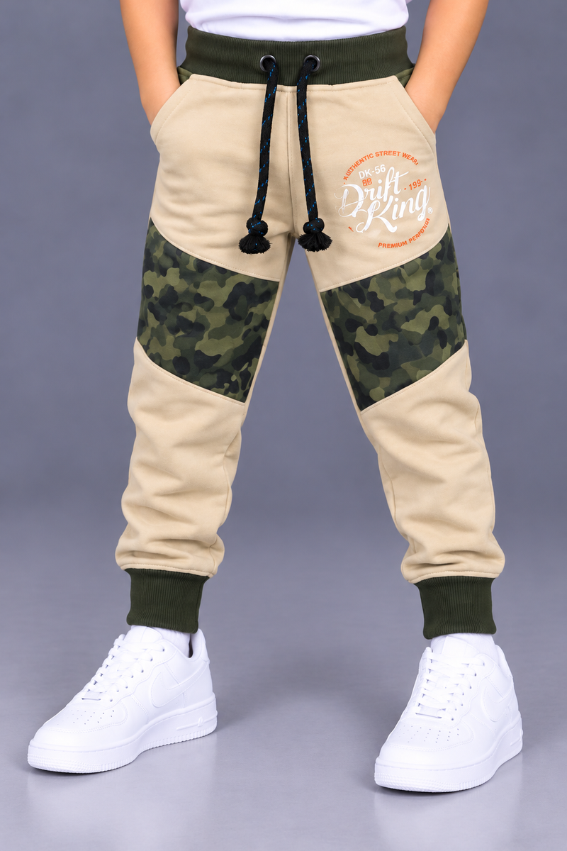Kids’ Beige Jogger Trouser with Green Camouflage Panels & Dark Olive Ribbed Cuffs-MU176