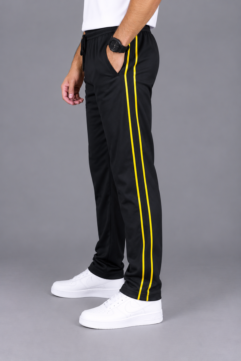 Men’s Black Micro Fleece Track Trouser with Double Yellow Side Piping – Regular Fit-MU346