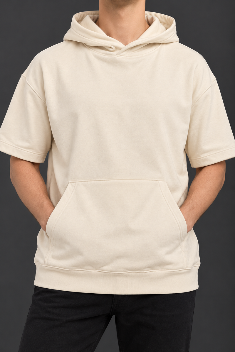 Men’s Solid Ivory Short Sleeve Hoodie with Kangaroo Pocket-MU452