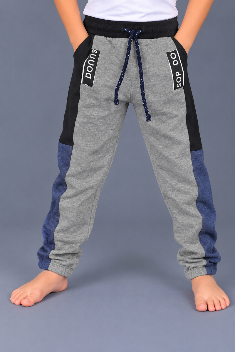 Kids Grey & Black Jogger Trouser with Blue Side Panels – Sporty Casual Wear-MU240