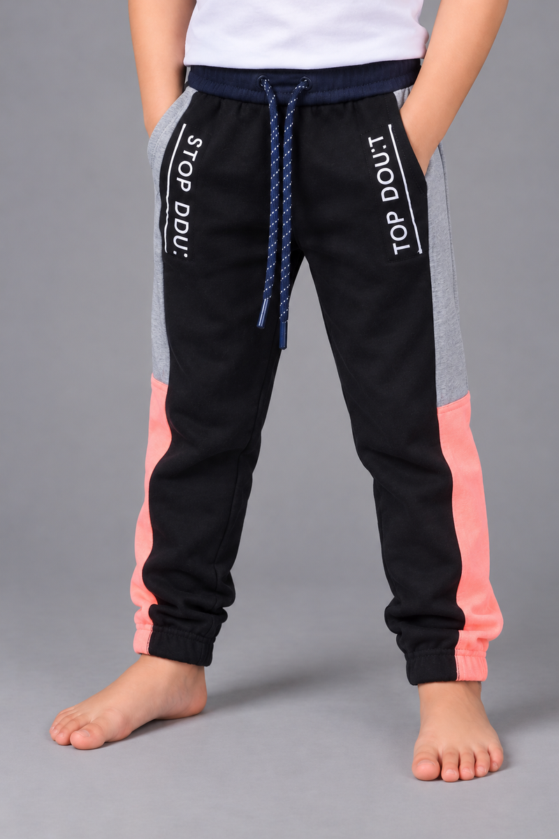 Kids Color Block Jogger Trouser – Black, Grey & Coral Pink-MU196