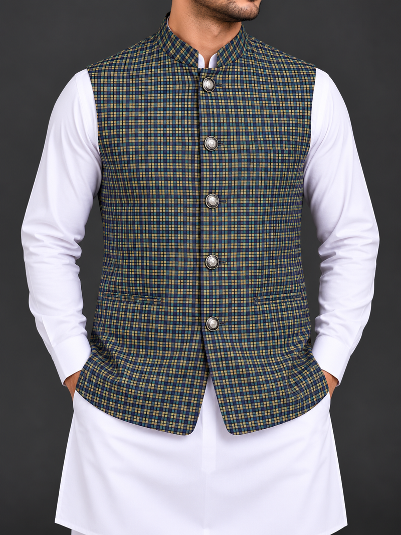 Men’s Premium Multicolor Checkered Waistcoat – Classic Traditional Style-M$27