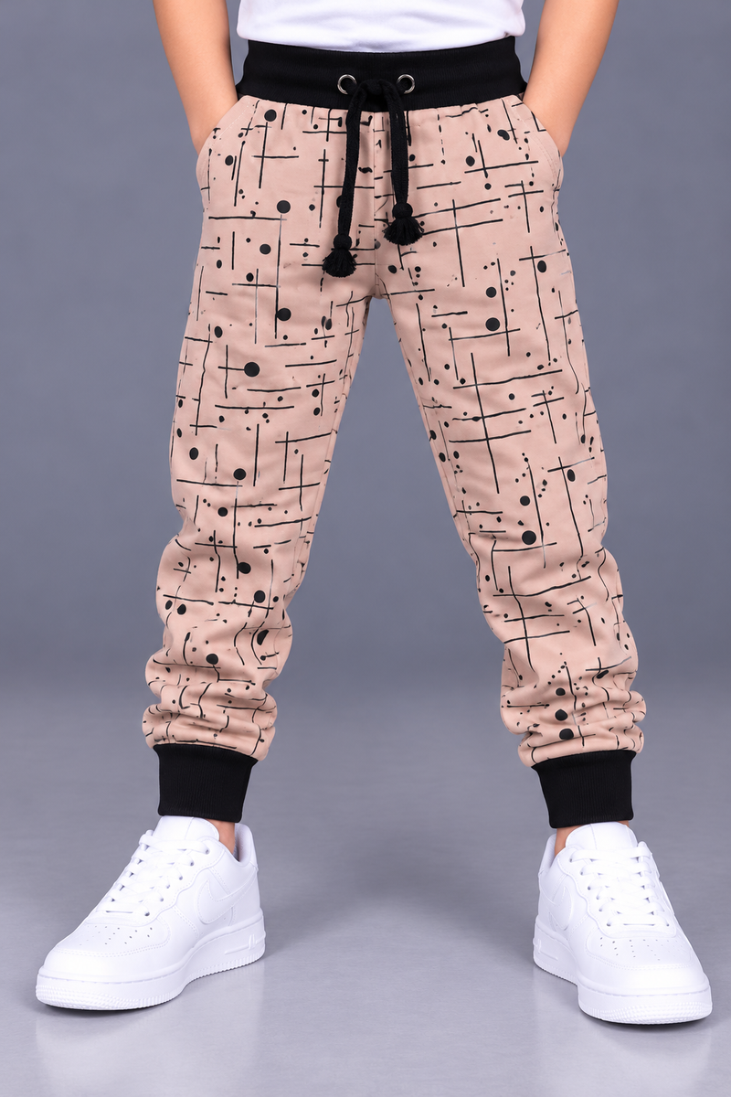 Kids’ Light Peach Printed Jogger Trouser with Black Ribbed Waistband & Cuffs-MU177