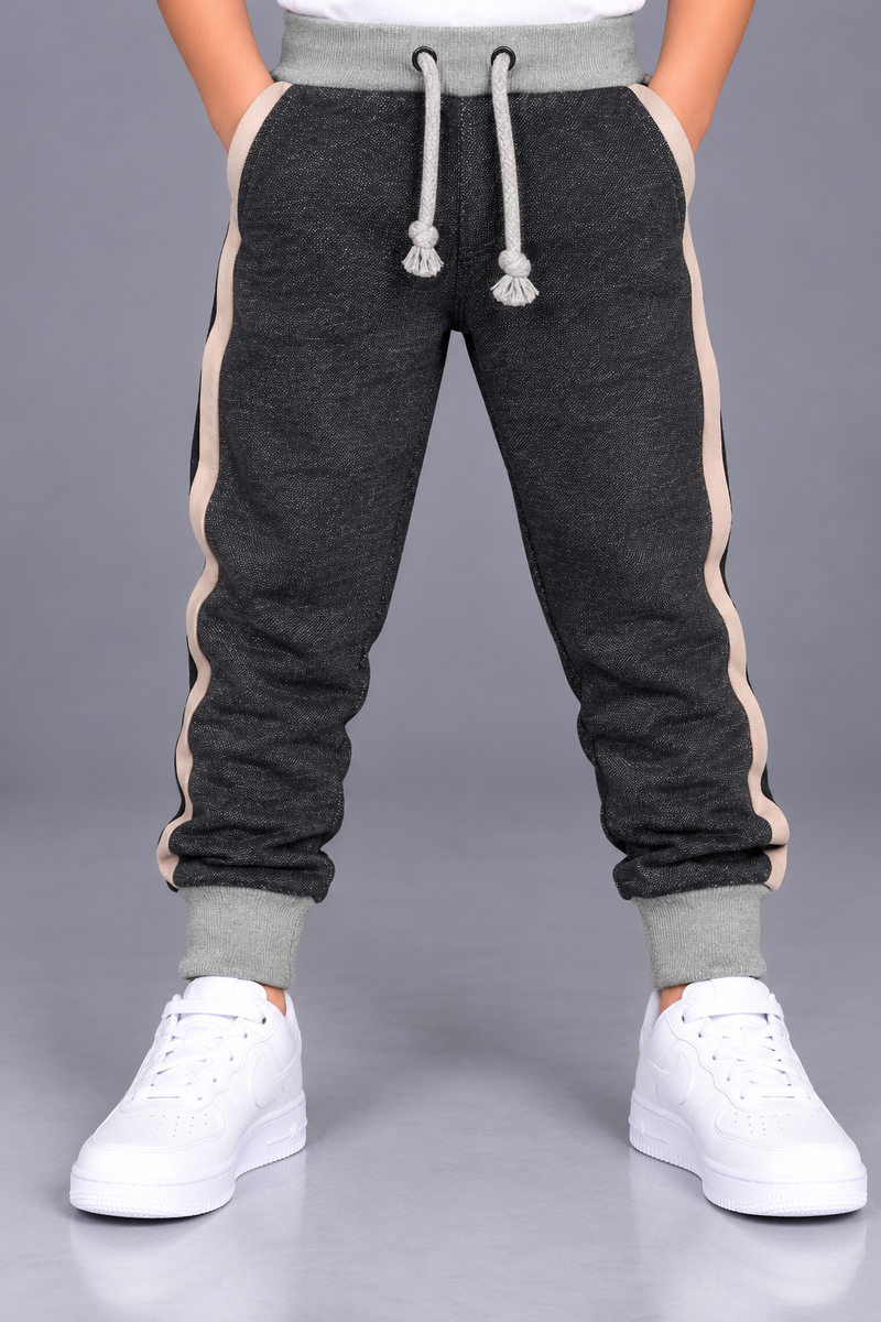 Kids Charcoal Grey Jogger Trouser with Beige Side Panels & Light Grey Ribbed Cuff-MU132