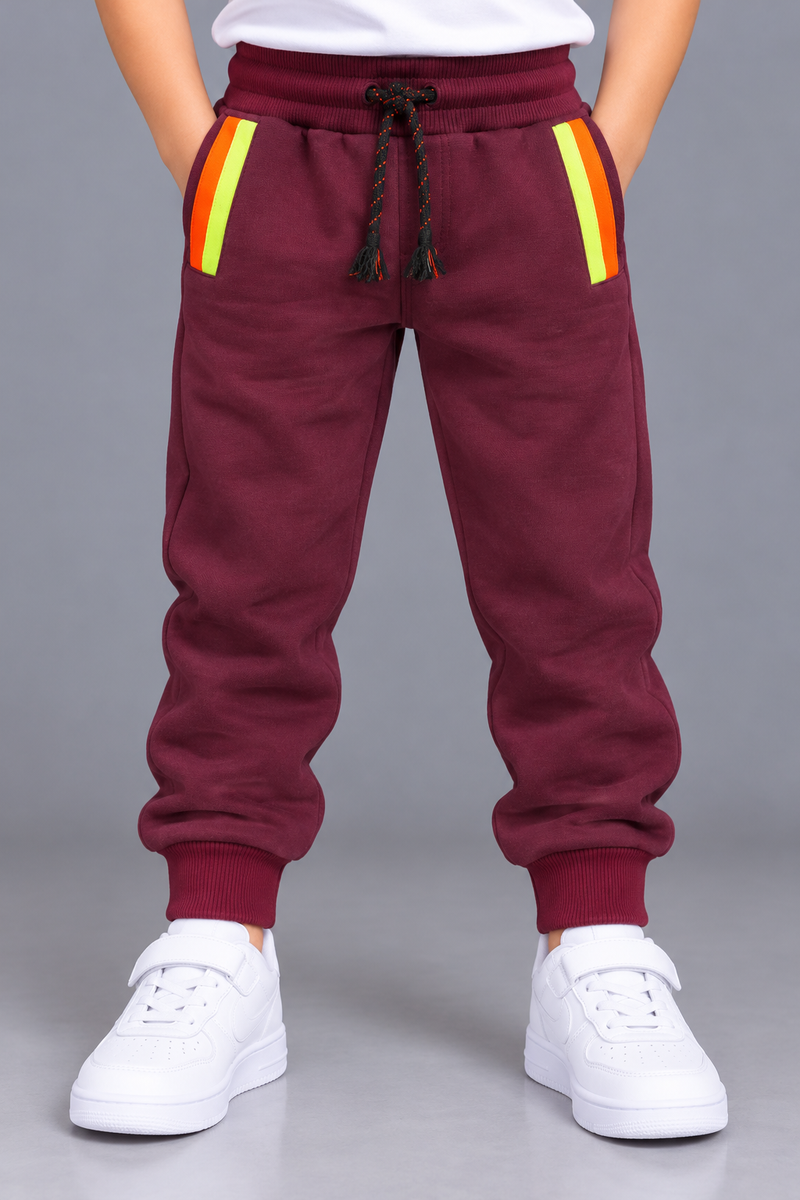 Kids Stylish Burgundy Jogger Trouser with Neon Orange & Lime Green Pocket Stripes-MU106