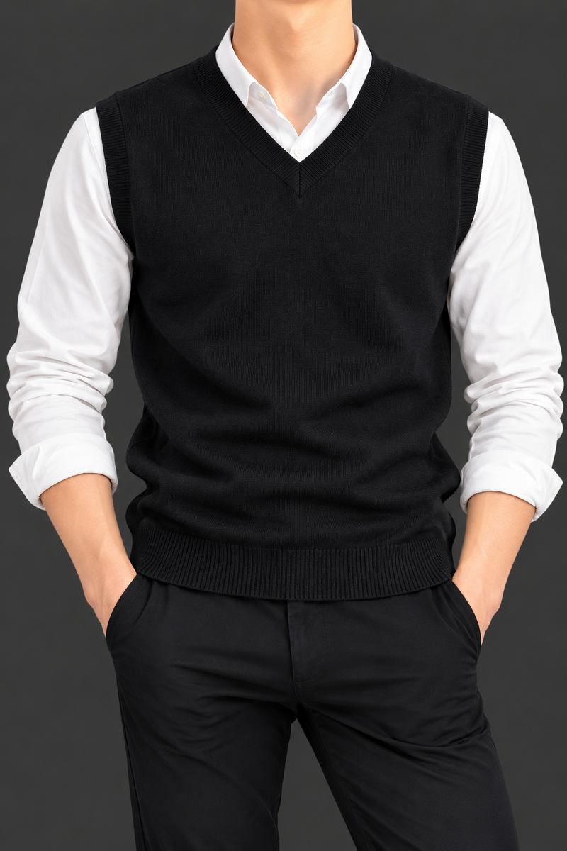 Men’s Classic Jet Black V-Neck Sweater Vest – Sleeveless Knitwear Pullover-MU376