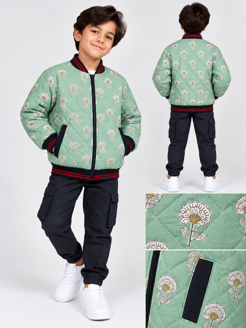 Mango Quilted Zipper Mock Neck Jacket For Kids green with flower style black and red strips qw02