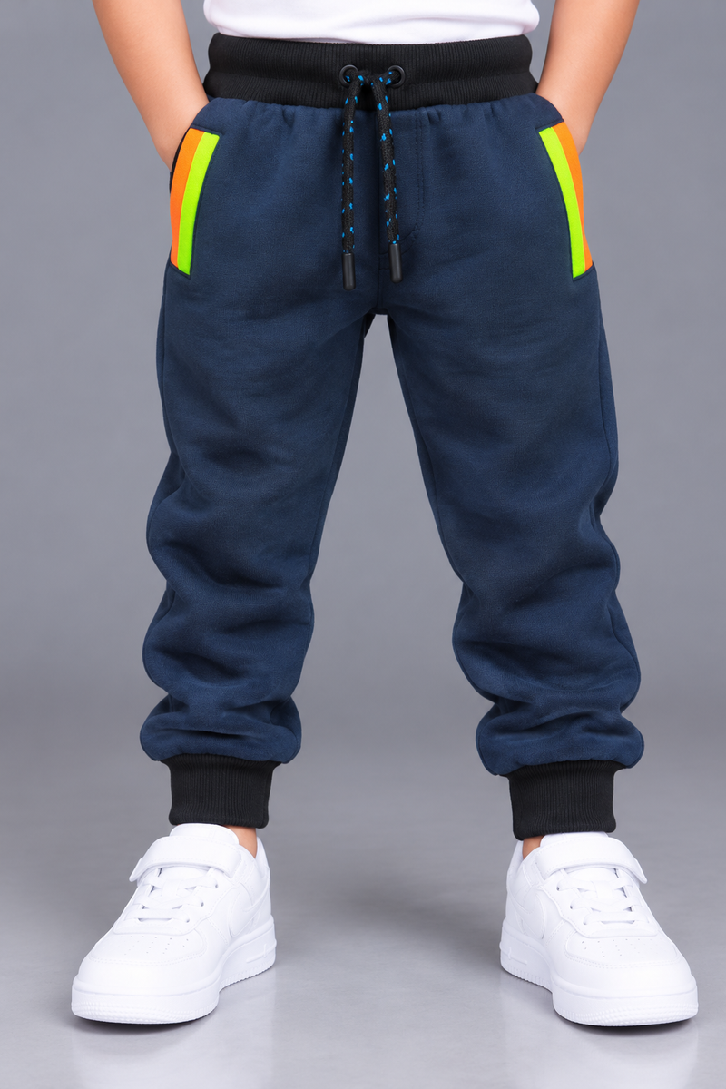 Kids Stylish Navy Blue Jogger Trouser with Neon Orange & Lime Green Pocket Stripes-MU111