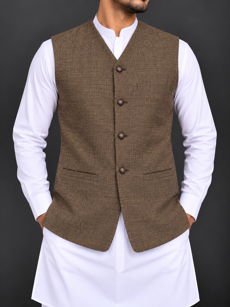 Men’s Premium Textured Brown Waistcoat – Classic Formal Style-M$32