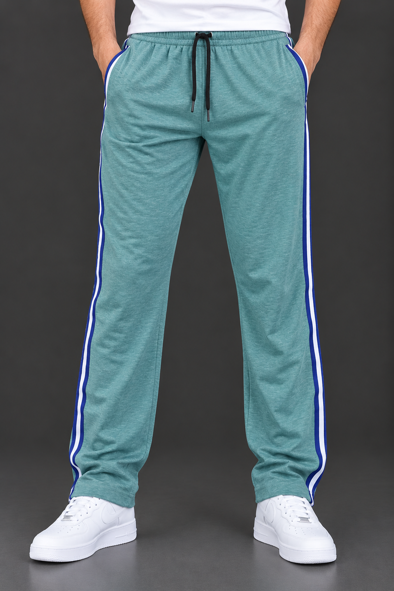 Men’s Teal Green Track Trousers with Blue & White Side Stripes-MU447