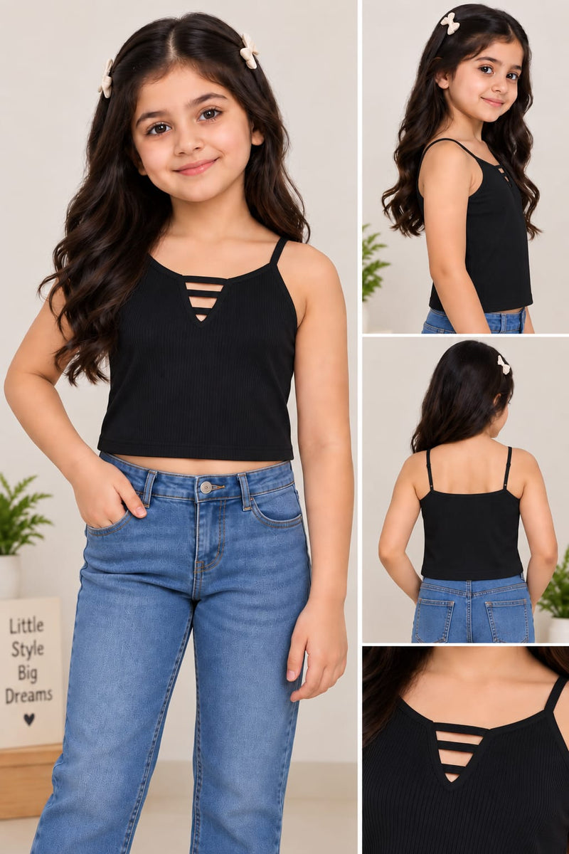 Next Ribbed Strappy Top For Baby Girls-Black-BR13292