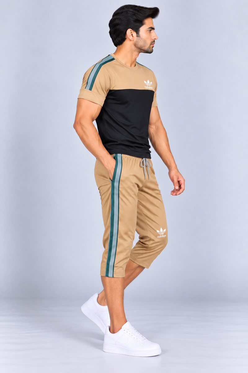 Summer Co Ord Set For Men- camel & Black-BE52
