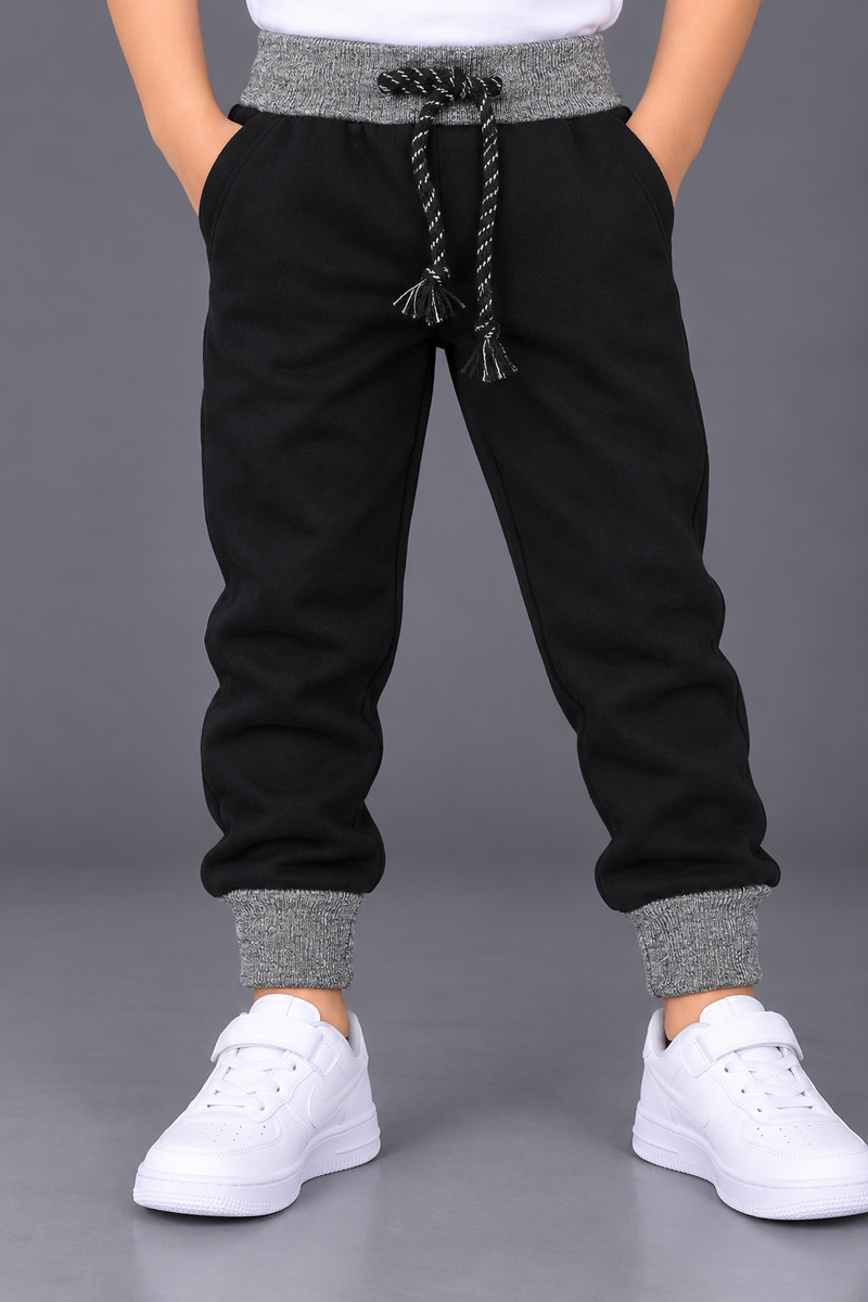 Kids Black Fleece Jogger Trouser with Grey Ribbed Cuffs-MU350