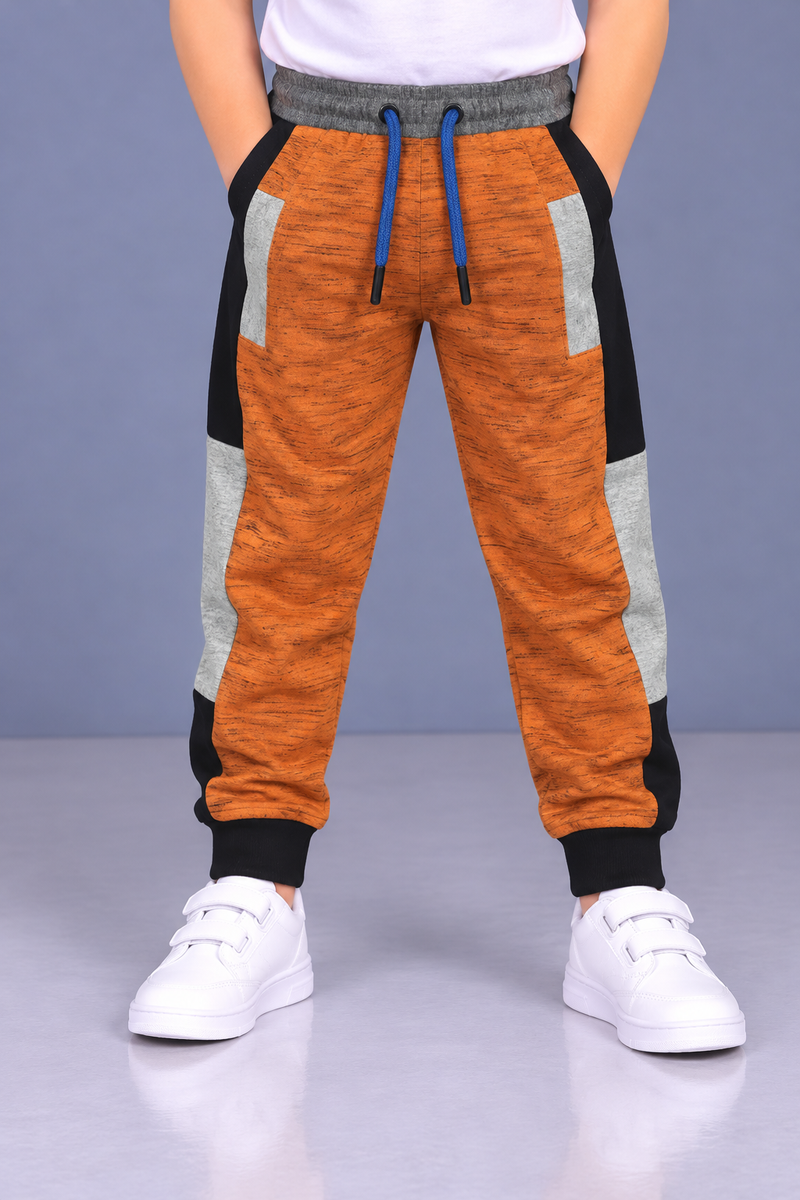 Kids’ Orange & Black Colorblock Jogger Trouser with Blue Drawstring & Grey Panels-MU148