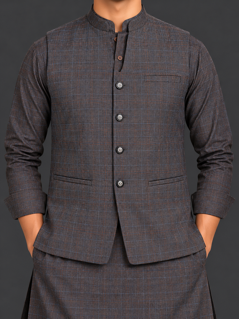 Men’s Premium Brown Checkered Waistcoat with Straight Collar – Classic Traditional Style-MU489