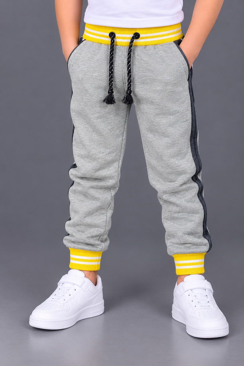 Boys Grey Melange Fleece Jogger Trouser with Yellow Striped Ribbed Cuffs-MU276
