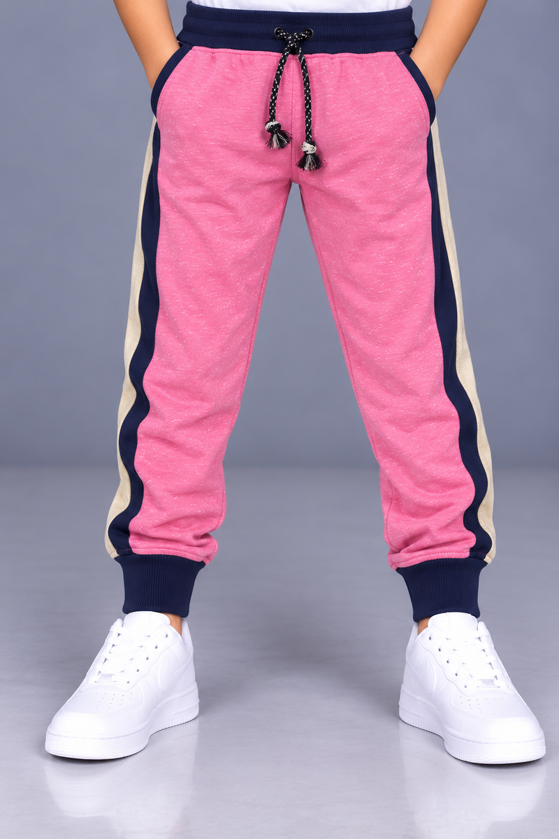 Kids’ Pink Jogger Trouser with Navy Blue & Cream Side Panels – Contrast Ribbed Cuffs-MU140