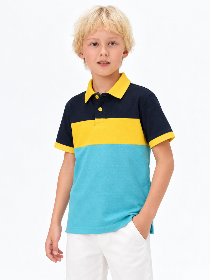 HB Summer P.Q Polo Shirt For Kids- Sky blue yellow with navy hb01