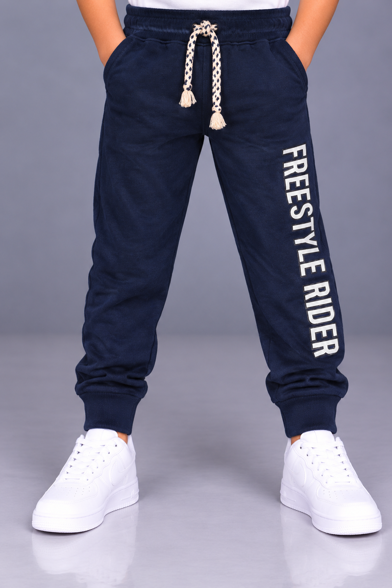 Kids’ Navy Blue Jogger Trouser with “FREESTYLE RIDER” Print – Ribbed Cuffs & Adjustable Drawstring-MU138
