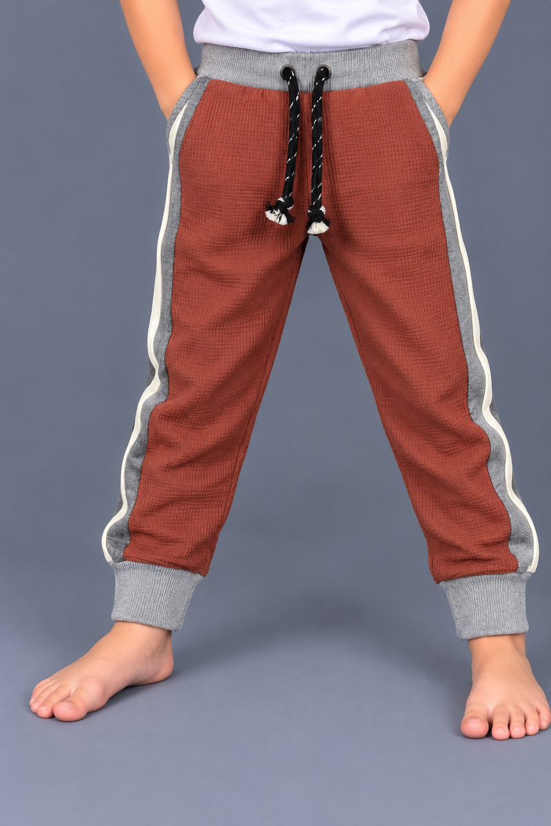 Kids Rust Brown Waffle Knit Jogger Trouser with Grey Side Panels & Ribbed Cuffs-MU235