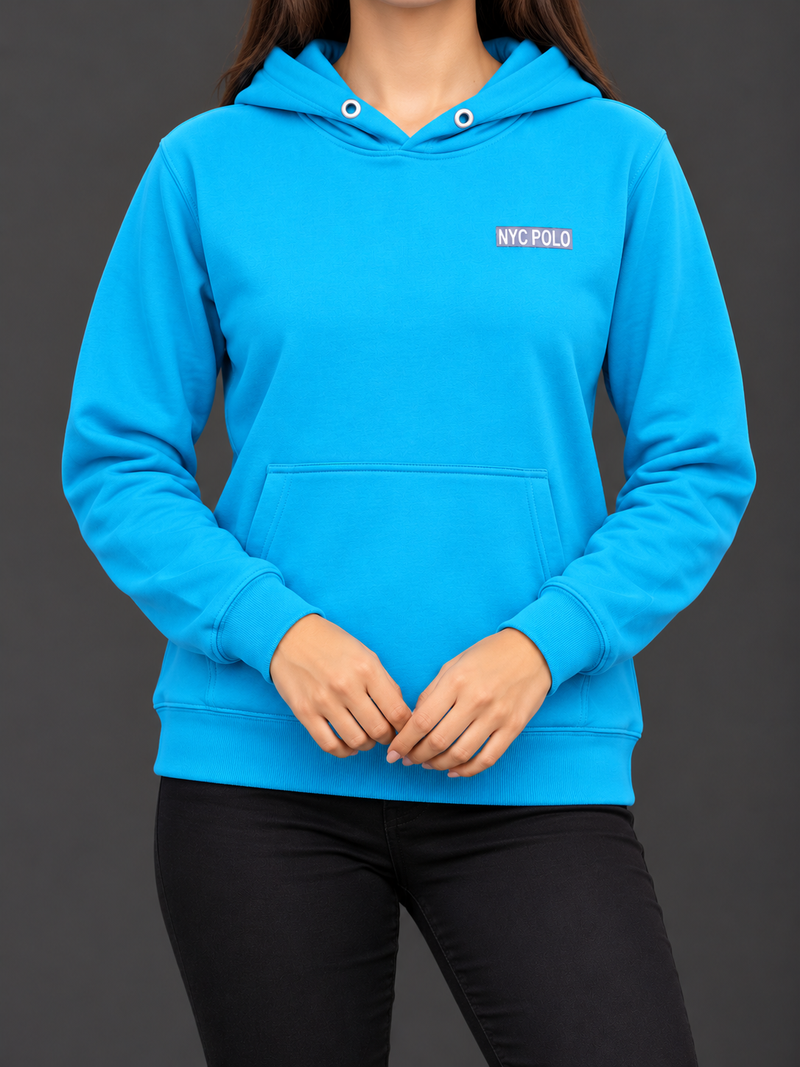 Women’s NYC POLO Classic Turquoise Blue Hoodie – Full Sleeve Kangaroo Pocket Sweatshirt-MU456