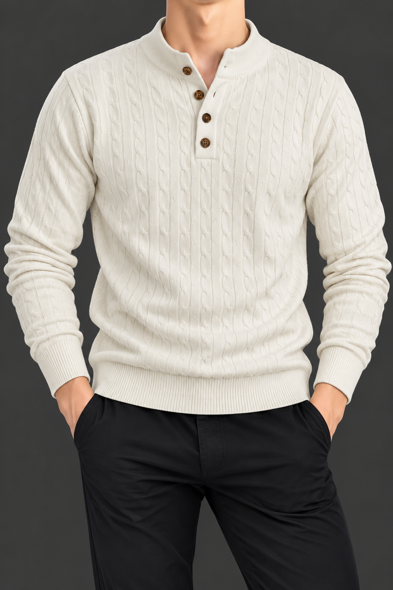 Men’s Cream Cable Knit Sweater with Button Detail – Premium Winter Pullover-MU374
