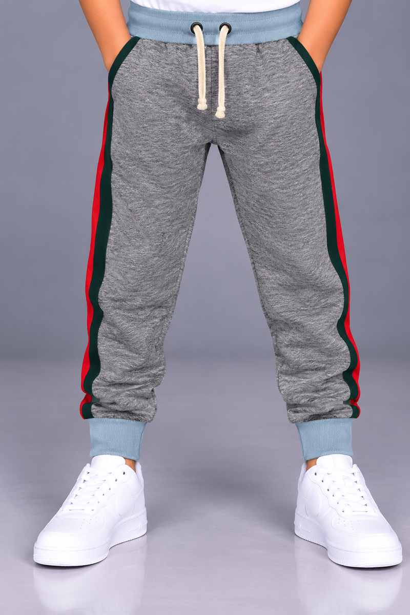 Kids’ Heather Grey Jogger Trouser with Red & Dark Green Side Panels – Sky Blue Cuffs-MU135