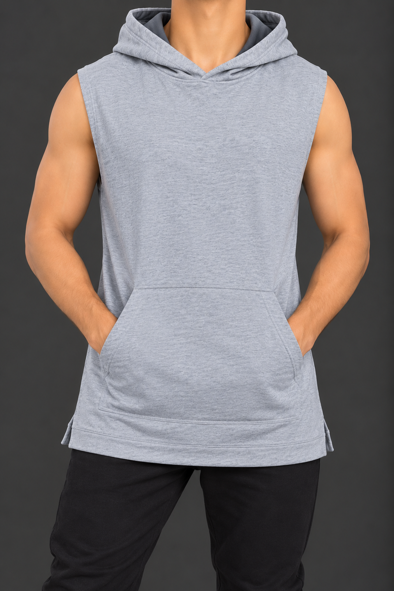 Men’s Sleeveless Hoodie with Kangaroo Pocket – Light Grey-MU469