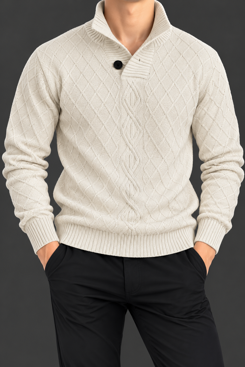Men’s Premium Ivory Cable Knit Sweater – High Neck Button Detail Winter Pullover-MU375
